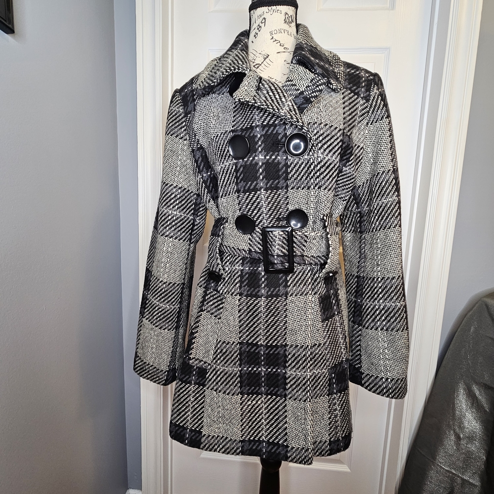 Ricki's Women's Wool Blend Pea Coat Belted Size M Gray Black Plaid